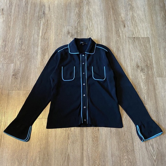 BCBG Cardigan Black Blue Trim Long Bell Vented Sleeve Knit Sweater Women's Large - Picture 1 of 5